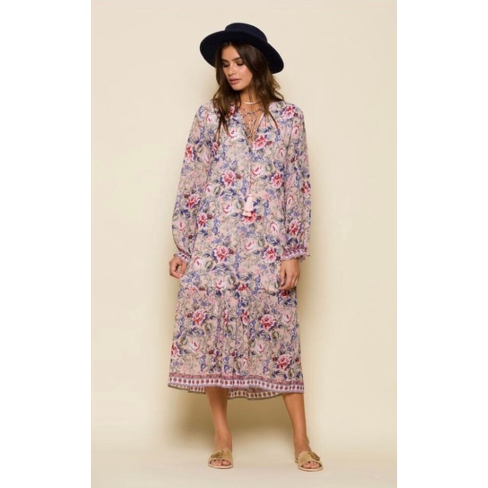 Raga Womens M Pink Ramona Floral Peasant Maxi Dress Light Sheer Silky Boho NWT